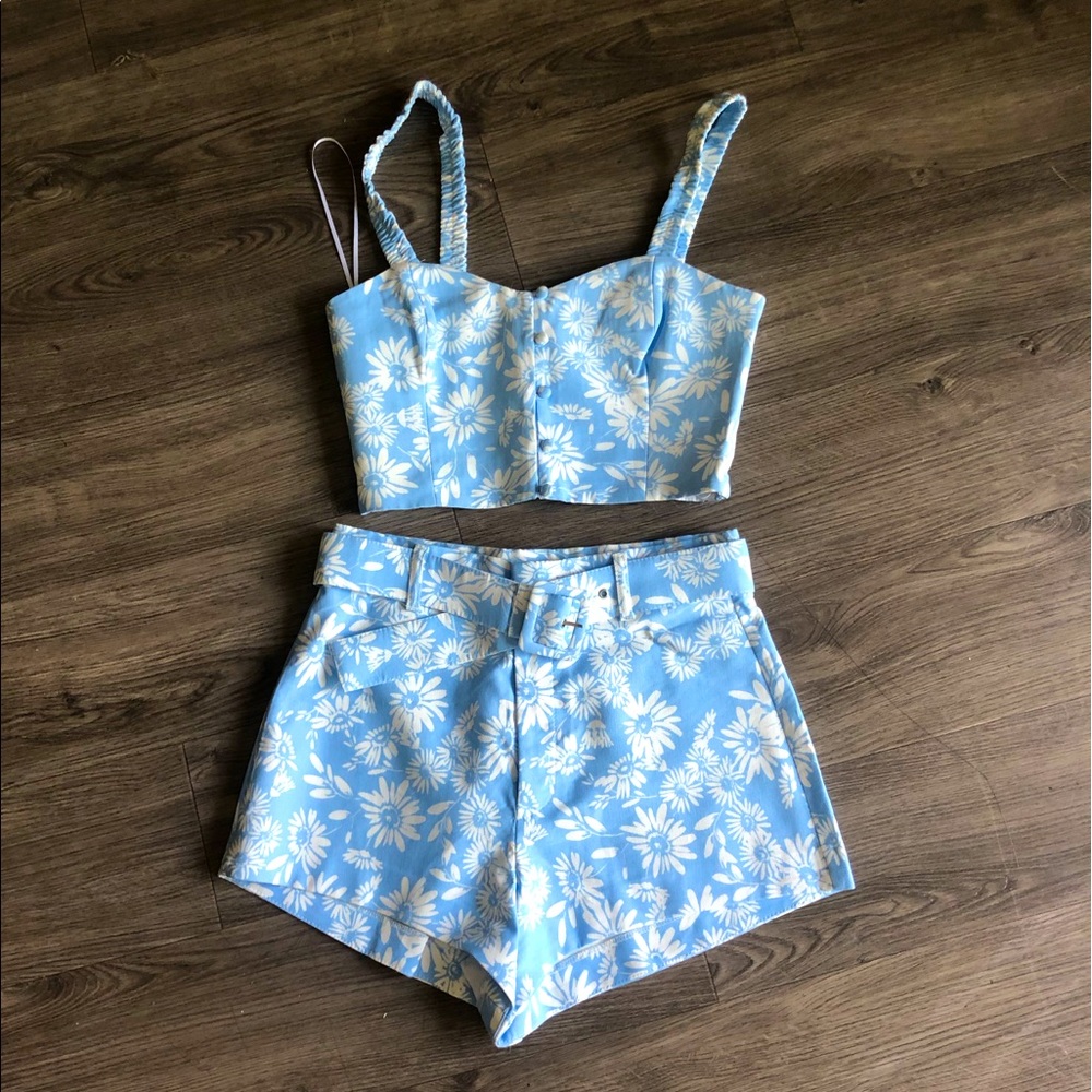 Zara Floral Matching Shorts and Bustier Set Shorts Blue Size S